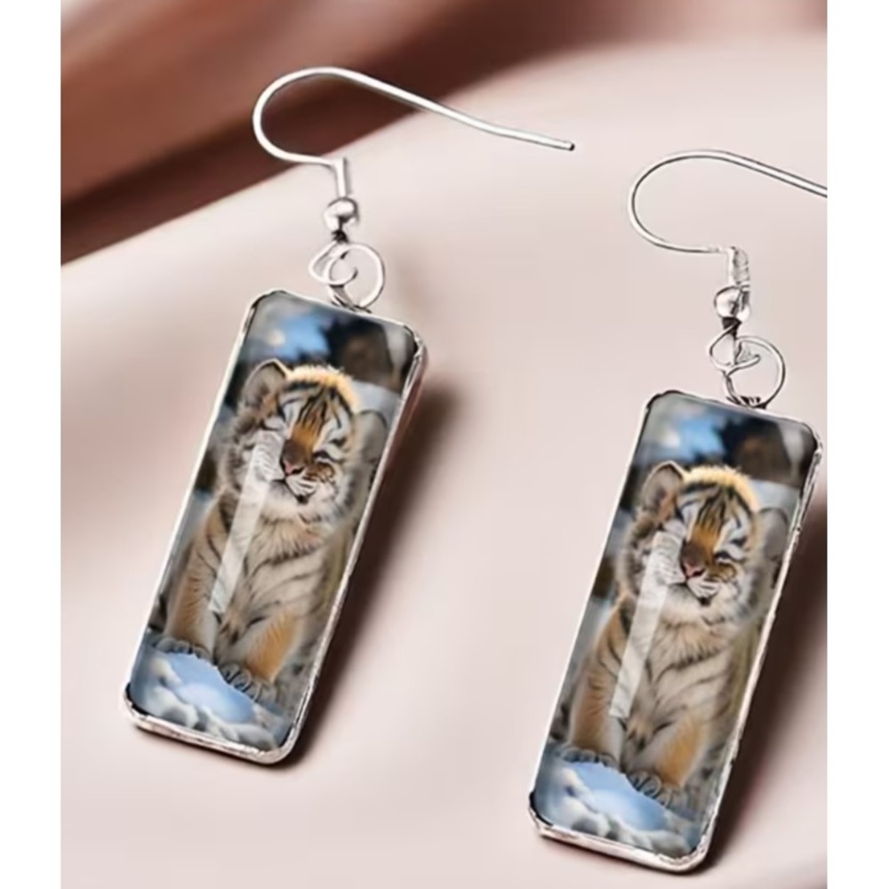 rectangular glass cabochon orange black striped animal tiger dangle earrings